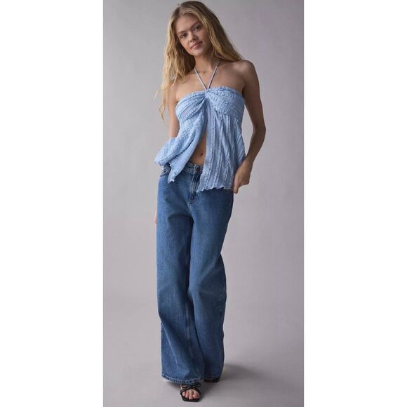 New Urban Outfitters Eloise Convertible Tie Split-Front Tube Top Light Blue E93 - Picture 3 of 9